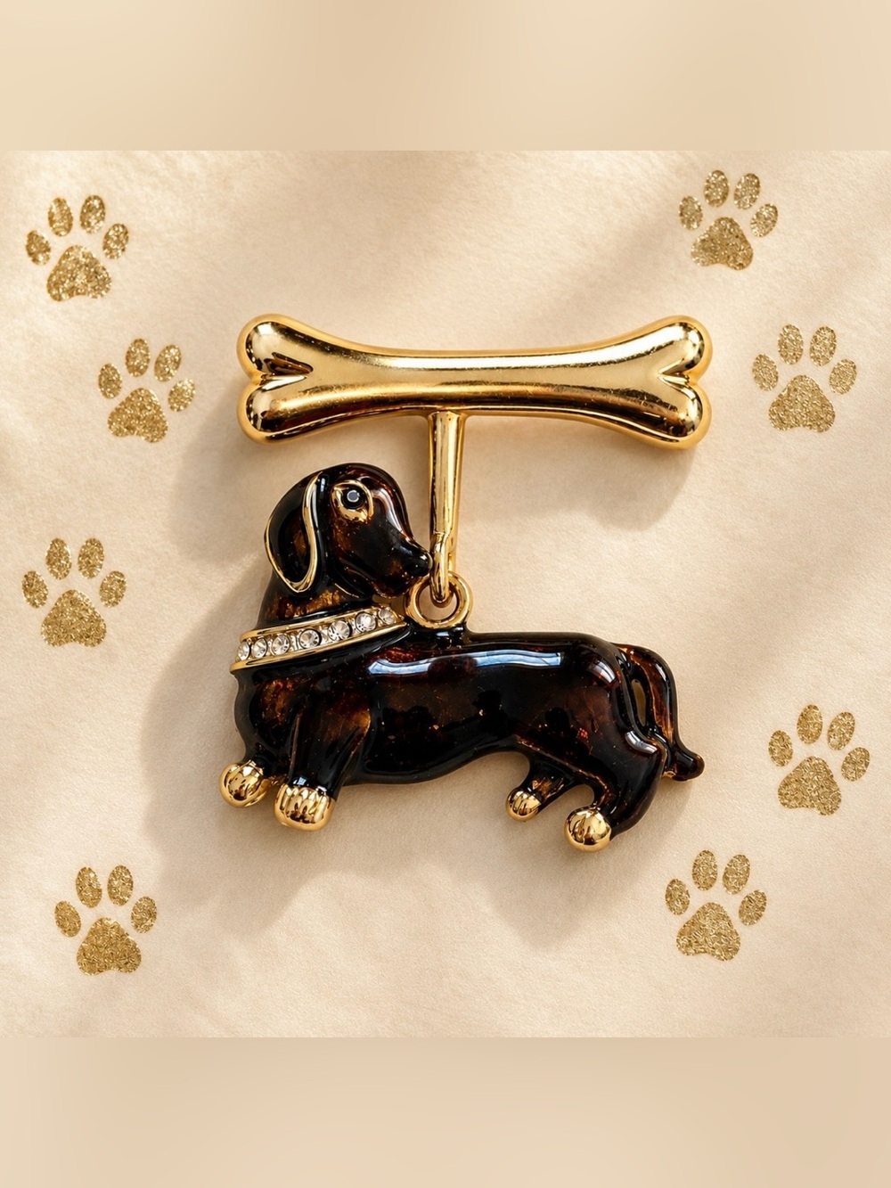 Gold-tone Enamel Rhinestone Collar Dachshund With Bone Brooch